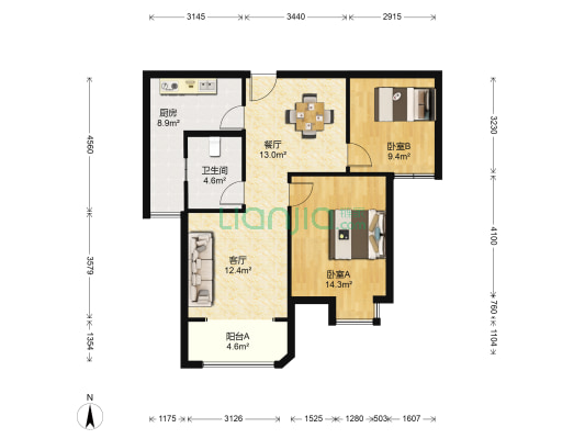 亚泰兰海公馆 2室2厅1卫 90平方