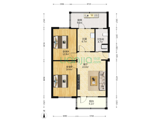 银行学校宿舍 2室1厅1卫 75平方