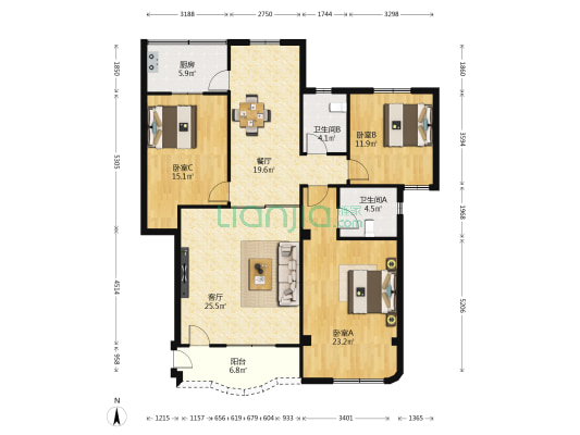 邮电大厦 3室2厅2卫 130平方