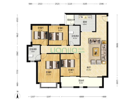 恒大轨道时代一期 4室1厅2卫 127平方