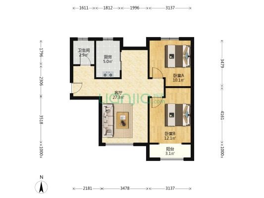 挹青园 2室1厅1卫 88平方