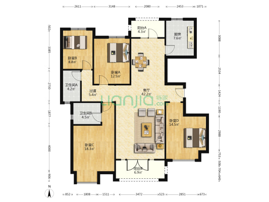 民航国际馨苑 4室1厅2卫 163平方