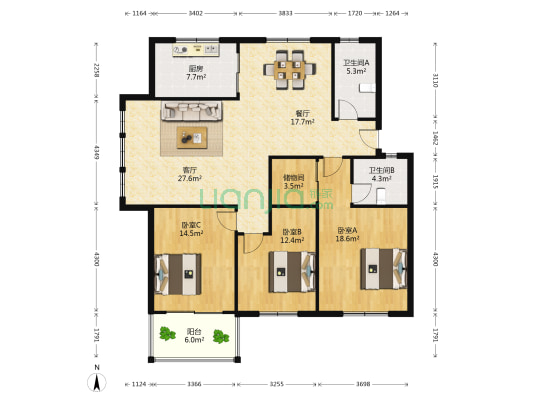 随园 3室2厅2卫 138平方