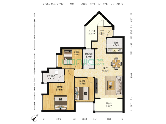 红牌楼广场 3室1厅2卫 98平方