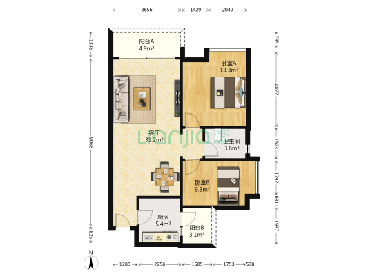 合生湖山国际2-3期 2室1厅1卫 89平方