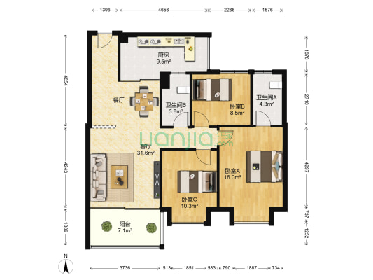 东波苑小区 3室1厅2卫 114平方