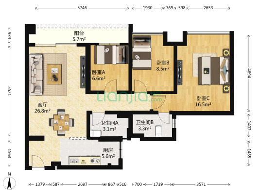 恒捷·假日美域 3室1厅2卫 93平方