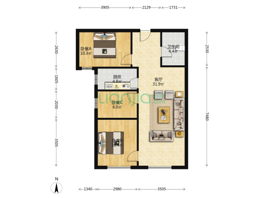 新干线南向两居  采光好 楼间距大 视野开阔-户型图