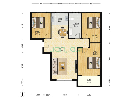 水晶郦园 3室1厅1卫 117平方