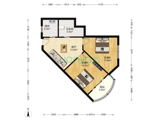 华经大厦 2室1厅1卫 76平方