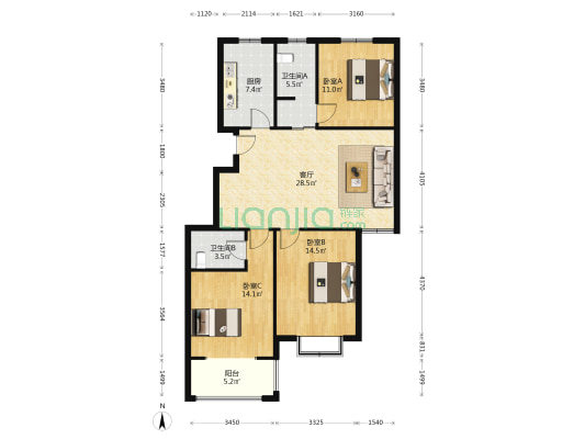 尚品人家 3室1厅2卫 117平方