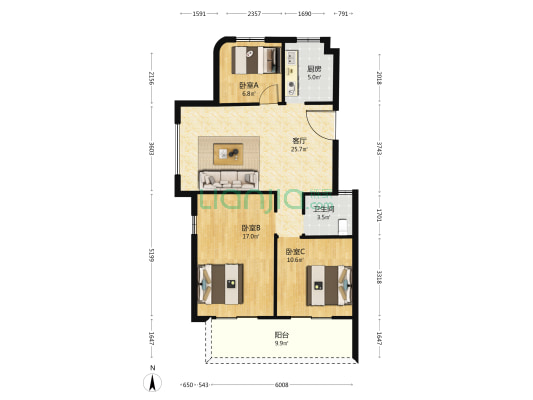 汇博景园 3室1厅1卫 100平方