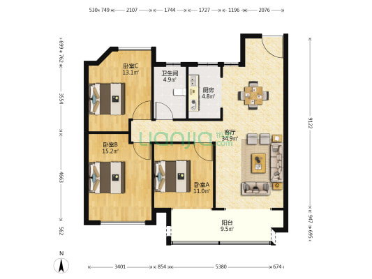 绿地九里香颂 3室1厅1卫 119平方