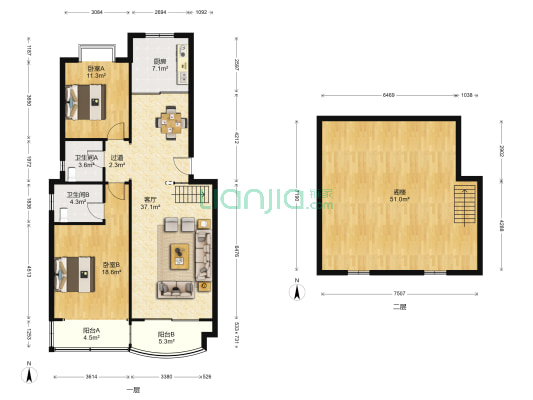 梦蝶园 2室1厅2卫 120平方