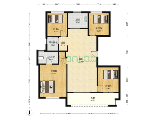 武汉城建金地和悦 4室1厅2卫 126平方