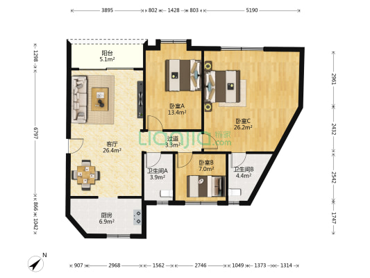 千禧閣 3室1厅2卫 113平方