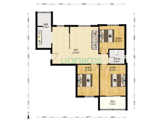 通园 3室1厅1卫 121平方