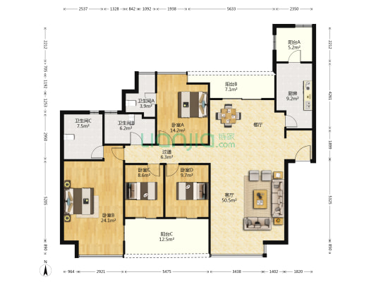 万科金域蓝湾一期 4室1厅3卫 192平方