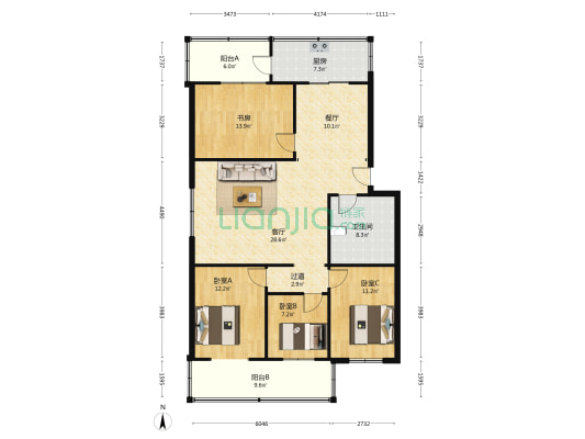 精神卫生中心宿舍 4室2厅1卫 136平方