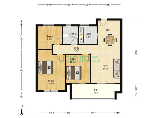 山水文院 3室1厅1卫 104平方