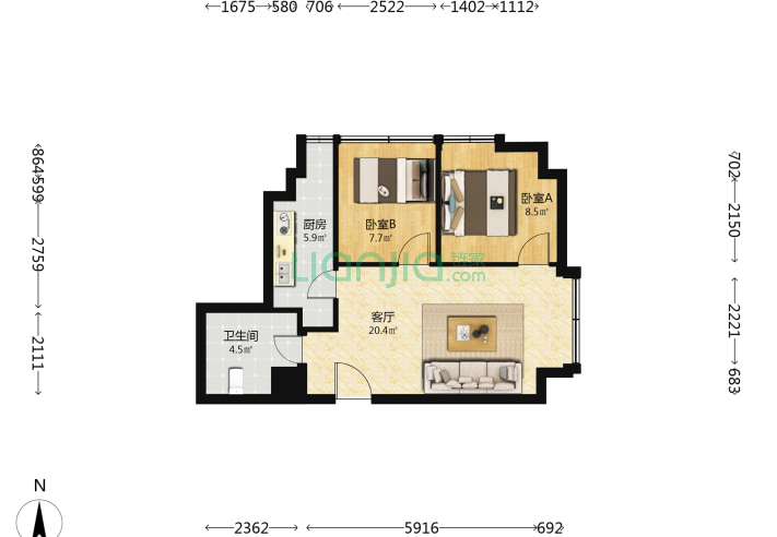 北京珺悦国际2室1厅1卫78.38㎡户型图_珺悦国际户型图详情(北京链家)