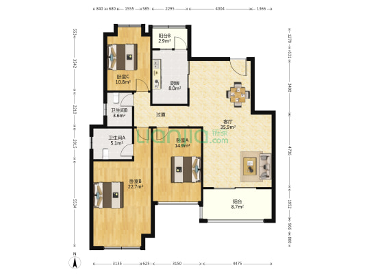 金科王府一期 3室1厅2卫 136平方