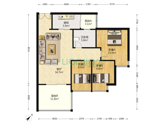 瀚海東岸 3室1厅1卫 116平方