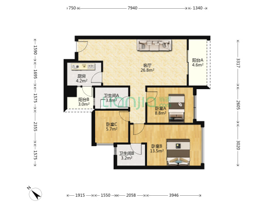 成华奥园广场一期 3室1厅2卫 90平方