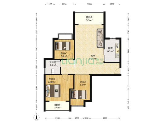 九坤新城壹号 3室1厅1卫 98平方
