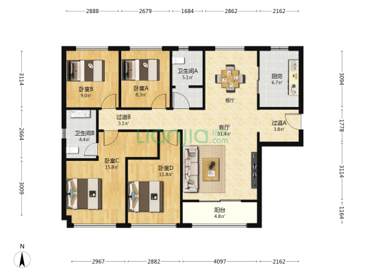 龙湖·天曜 4室1厅2卫 143平方