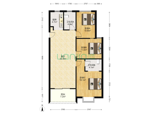 宏元国际广场 3室1厅2卫 113平方