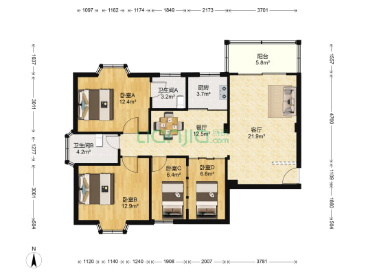 融山花园 4室2厅2卫 104平方