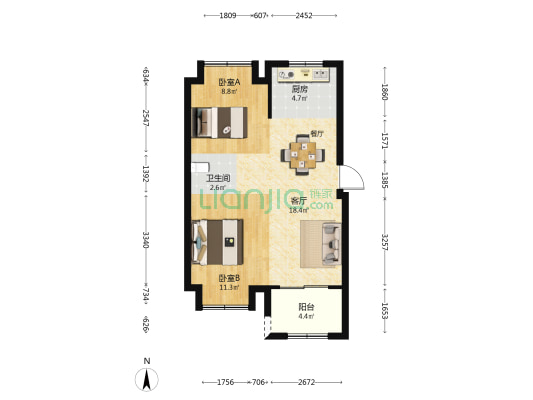 国贸上江原墅 2室1厅1卫 60平方