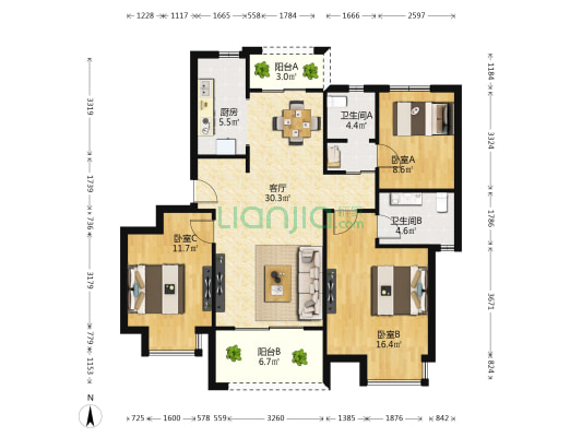 保利梧桐语 3室1厅2卫 110平方