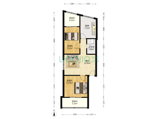 长江路 2室1厅1卫 68平方