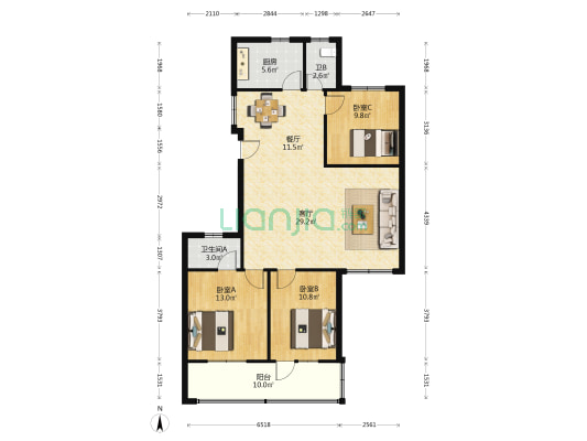 湖南师大医学院教工宿舍 3室2厅2卫 108平方