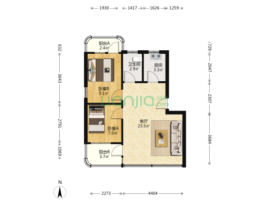 比华利山庄东区 2室1厅1卫 56平方