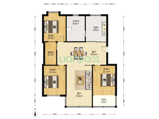 民乐一村 3室2厅1卫 128平方