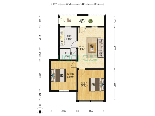 延龄路 2室1厅1卫 55平方