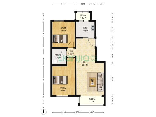 一品嘉园 2室1厅1卫 86平方
