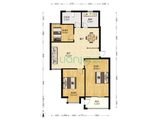 彩虹公寓 3室1厅1卫 103平方