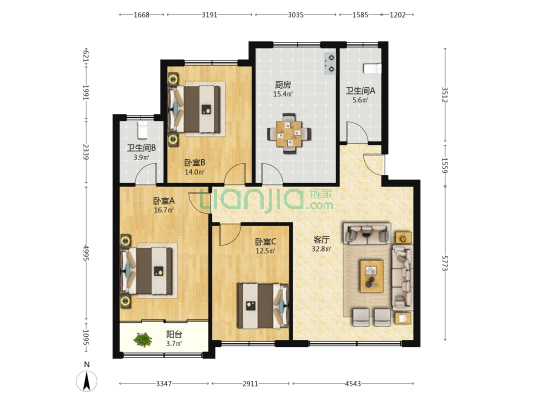 阳光花园 3室1厅2卫 125平方