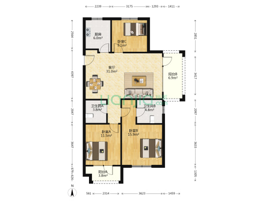 天泰阳光里 3室1厅2卫 117平方