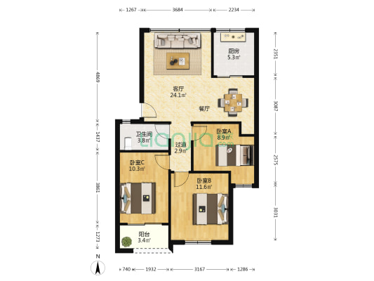 岭兜小区中区 3室1厅1卫 69平方