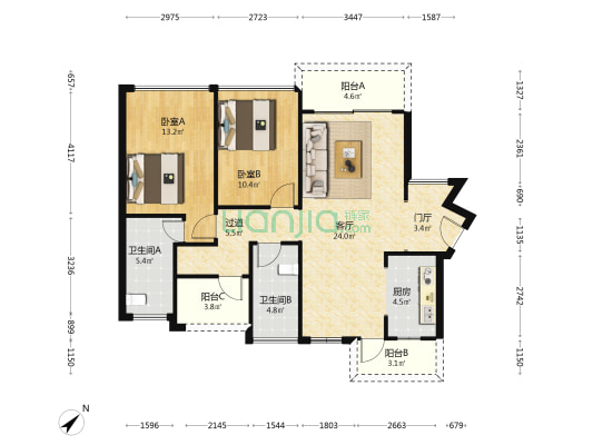 观景华府 2室1厅2卫 98平方
