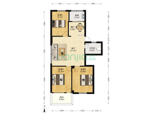 茶园山新村 3室2厅1卫 90平方