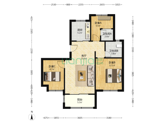 东原郦湾西区 3室1厅2卫 90平方