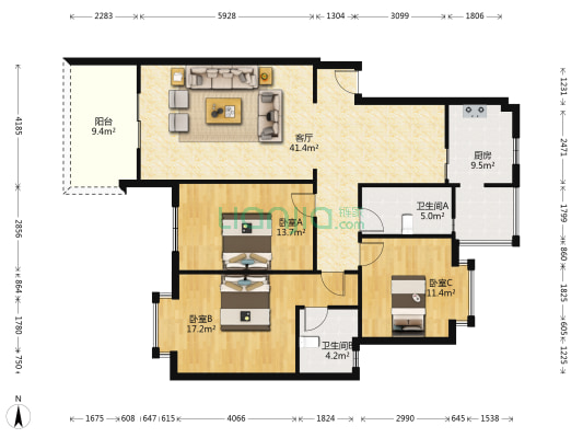 都江森邻花园 3室1厅2卫 126平方