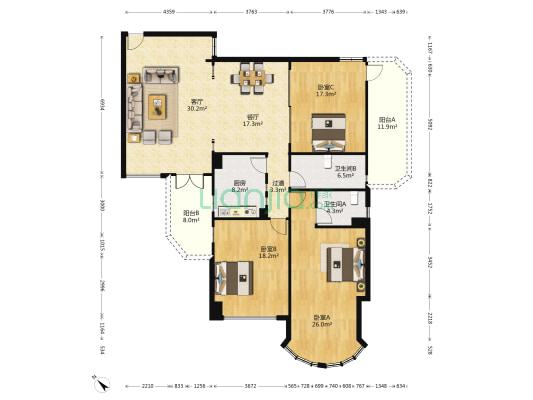 黄金广场 3室2厅2卫 175平方