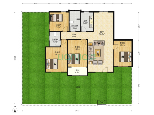 华侨新村一期 4室1厅2卫 141平方